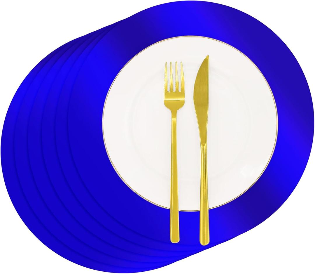 50 PCS Paper Placemats Blue Round Place Mats Shiny Mirrored Disposable Tablemats Paper Charger Placemats for Birthday Wedding Graduation Sea Shark Christmas Hanukkah Party Dinner Table Decor (Bright Royal Blue)