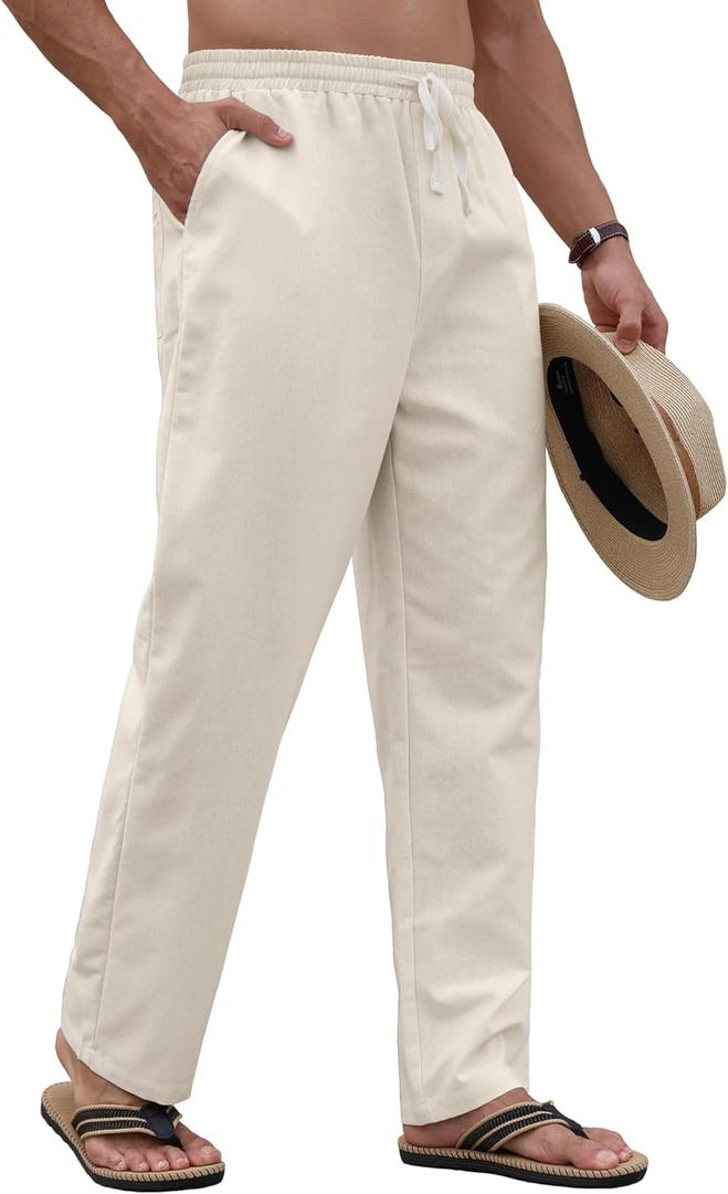 PLEPAN Men's Linen Pants Elastic Waist Drawstring Casual Summer Beach Lightweight Yoga Trousers Loose Fit (Large, Beige)
