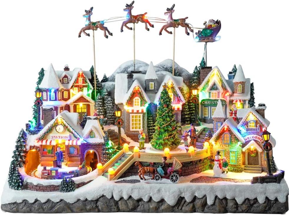 Large Christmas Village House with Flying Reindeer - Rotating Christmas Tree & Moving Train & Colourful LED Lights & 8 Festive Songs,Indoor Decorations for Home Tabletop Gift