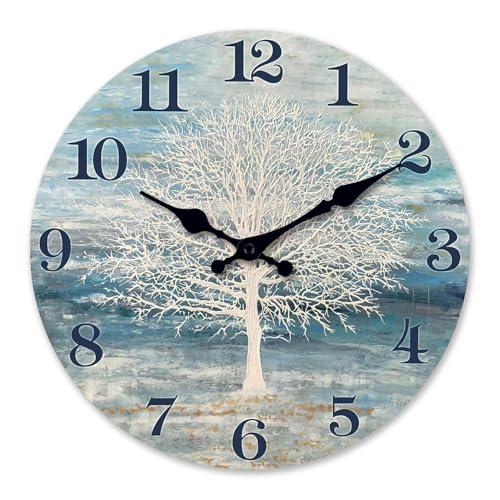 XFM Blue Wooden Wall Clock 10 Inch Silent Wall Clocks Battery Operated Framhouse Tree of Life Country Clock Decorative for Kitchen Living Room Bedroom Office