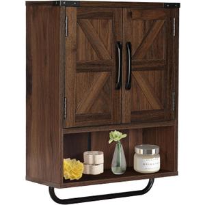 RUSTOWN Farmhouse Wall Storage Cabinet with Two Barn Door, Rustic Mounted Medicine Cabinet with Adjustable Shelf and Towel Bar, 3-Tier Wood Cabinet for Kitchen, Bathroom, Living Room (Dark Walnut)