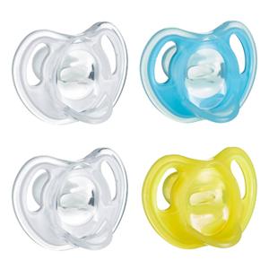 Tommee Tippee Ultra-Light Silicone Pacifier, 6-18 Months, Symmetrical One-Piece Design, BPA-Free Silicone Binkies, Clear/Blue/Yellow, Pack of 4