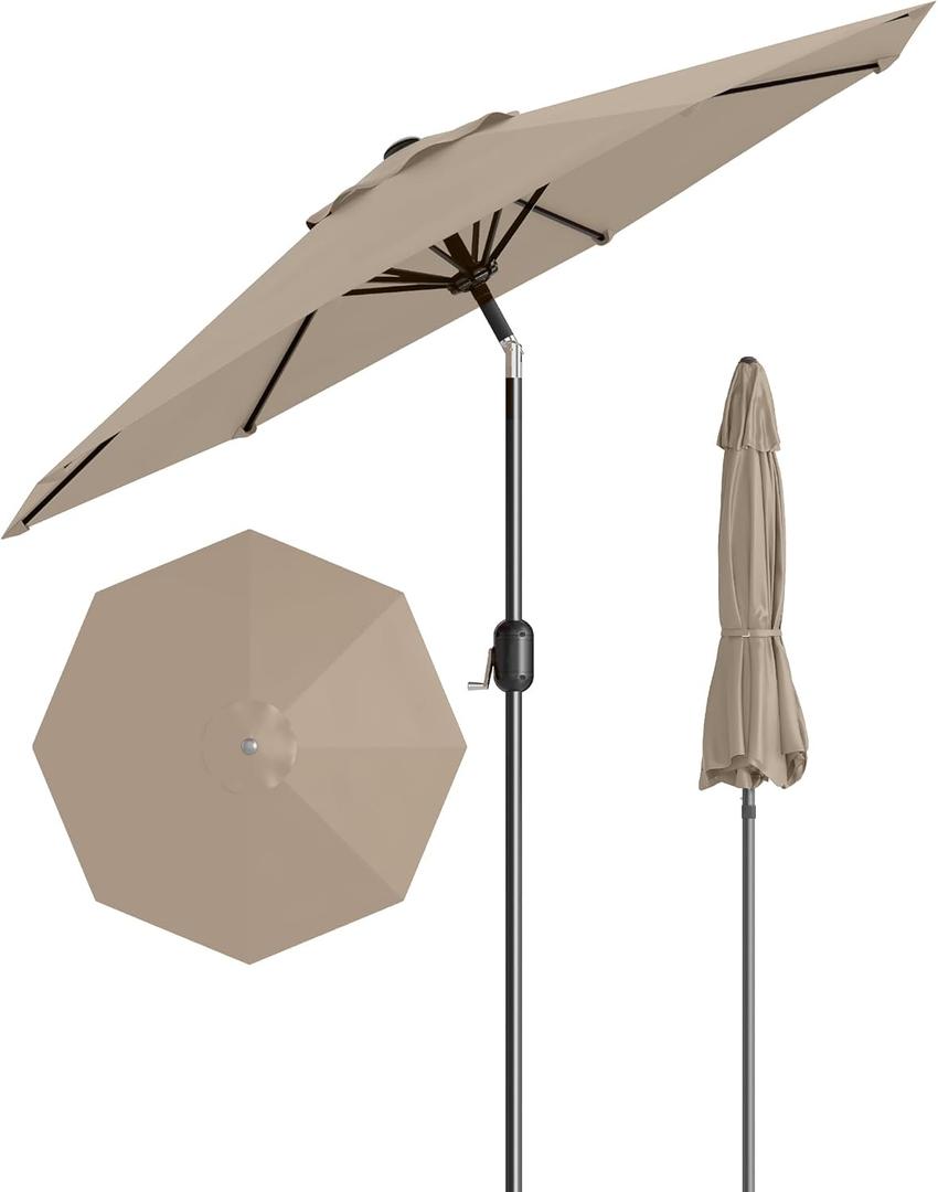 GarveeLife 10FT Outdoor Patio Umbrella, Table Market Umbrella with Push Button Tilt and Crank, 8 Sturdy Ribs UV Protection Waterproof for Garden, Deck, Backyard, Pool (Brown)