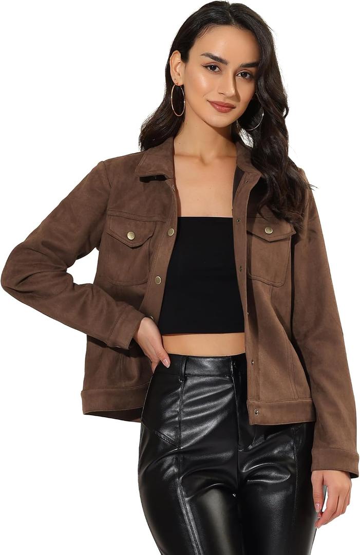 Allegra K Women's Faux Suede Turn-Down Collar Shacket Flap Pockets Snap Button Western Jacket, Large