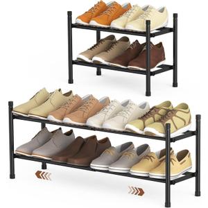 Expandable Shoe Rack, 2 Tier Shoe Rack for Closet, Stackable Adjustable Standing Metal Shoe Shelf Organizer Storage, Small Shoe Racks for Front Door Entrance Entryway(Black)