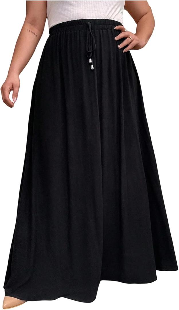 Verdusa Women's Plus Size Drawstring Waist Maxi Skirt A Line Flowy Skirts Basic Casual Outfits (XXL)