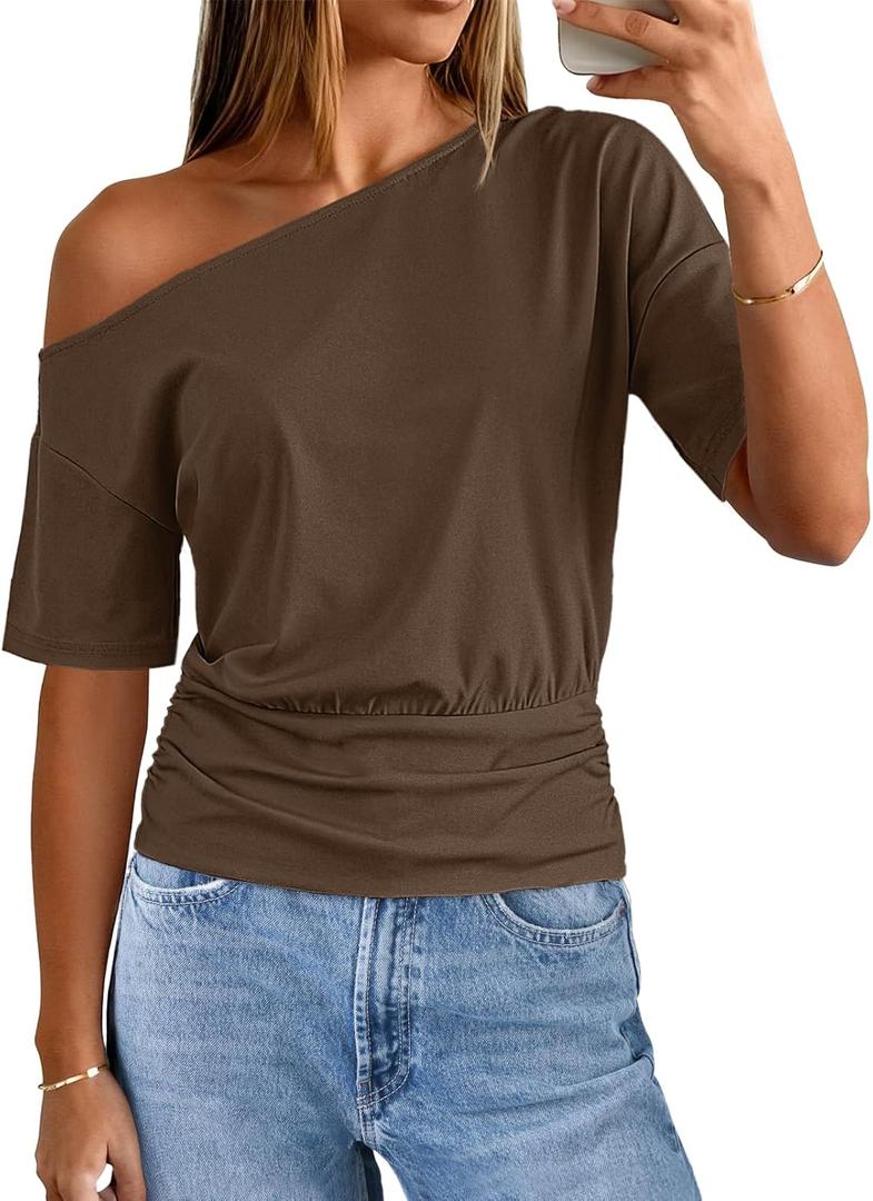 MEROKEETY Women's Off The Shoulder Short Sleeve Tops 2026 Summer Casual Going Out Trendy Y2k T Shirts (Medium, Brown)