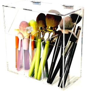 VASERDDY Acrylic Makeup Organizer,Clear Cosmetic Brush Storage Box With 3 Brush Holders,Makeup Brush Holderwith Dust Cover, Large-capacity Split Design Can Quickly Organize the DesktopNo pearls