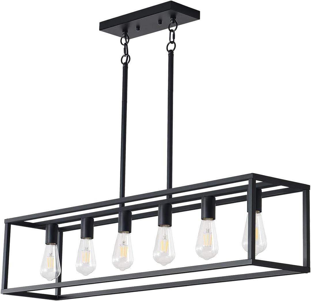 Black Farmhouse Kitchen Island Lighting, Modern Industrial Chandelier, 6-Light E26 Linear Rectangular Hanging Light Fixture for Living Dining Room Bedroom Kitchen Island