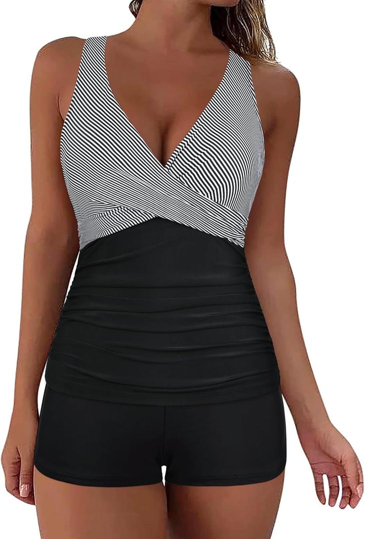 Firpearl Underwire Tankini Swimsuits for Women V Neck Twist Tankini with Shorts Tummy Control Two Piece Bathing Suits (12, Black&white Stripe)