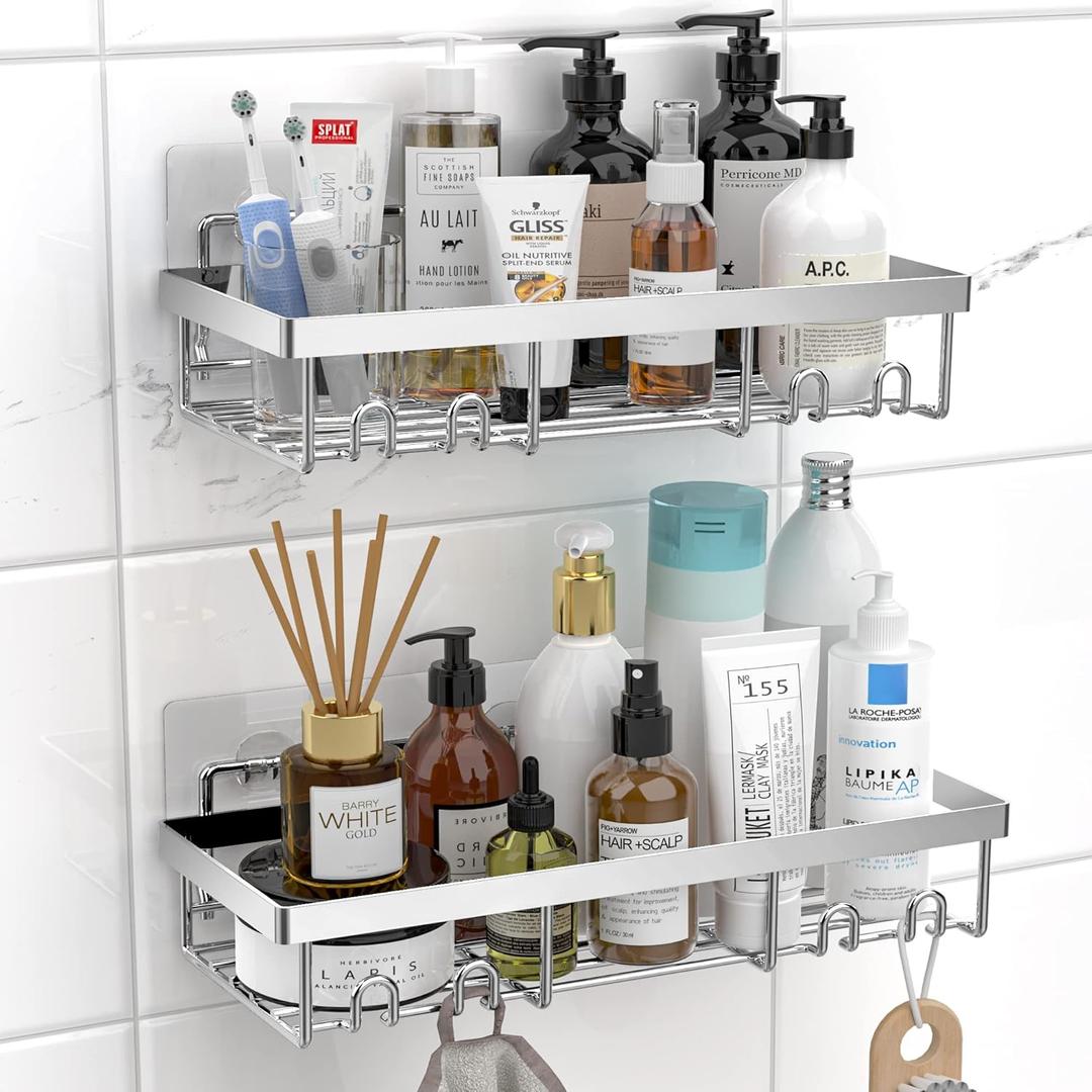 Moforoco Shower Caddy Shelf Organizer Rack, Self Adhesive Black Bathroom Shelves Basket, Home Farmhouse Wall Inside Organization and Storage Decor Rv Accessories, First Camper Apartment Essentials (Silver), Pack of 2 