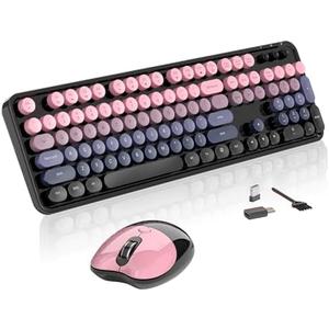 Wireless Keyboard and Mouse, MOFII 104 Round Keycaps Retro Typewriter with OTG & Brush, Full-Size Ergonomic, Ideal for Windows PC, Home, Office and College Peach Pink