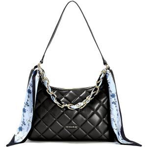 Quilted Shoulder Bag for Women Faux Leather Cute Hobo Handbags with Zipper Mini Clutch Purse Trendy Y2K (Black)