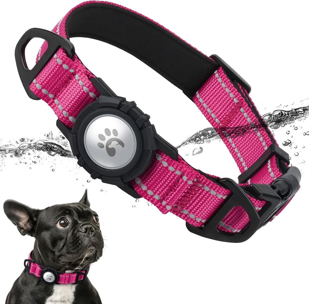 TagME Airtag Dog Collar,Waterproof Reflective Pet Collar with Airtag Holder,Soft Padded and Double D-Rings for Small Dogs, Small(10.5"-14"), Hot Pink