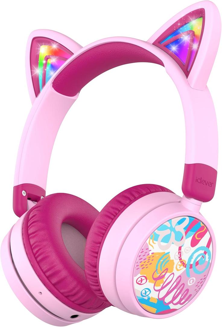 iClever Kids Headphones with Cat Ear Led Light Up, Safe Volume Limite, FunShare, Foldable, Over-Ear Headphones for Kids for School/iPad/Tablet/Travel, Meow Donut-Pink (Medium)