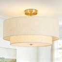 19.7" Semi Flush Mount Ceiling Light, 4-Light Drum Ceiling Light Fixture | 2-Tier Fabric Linen Shade Design, Modern Classic Style, for Dining Room, Living Room, Bedroom, Hallway, Entryway, Brass Gold