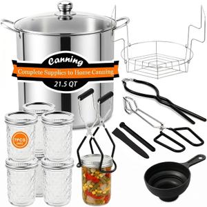 Canning Supplies Kits with 21.5 Qt Canning Pot, 7pcs Mason Jars, Tongs, Stainless Steel Jar Rack, Funnel, Lid Lifter Water Bath Canner Tool Set, Large