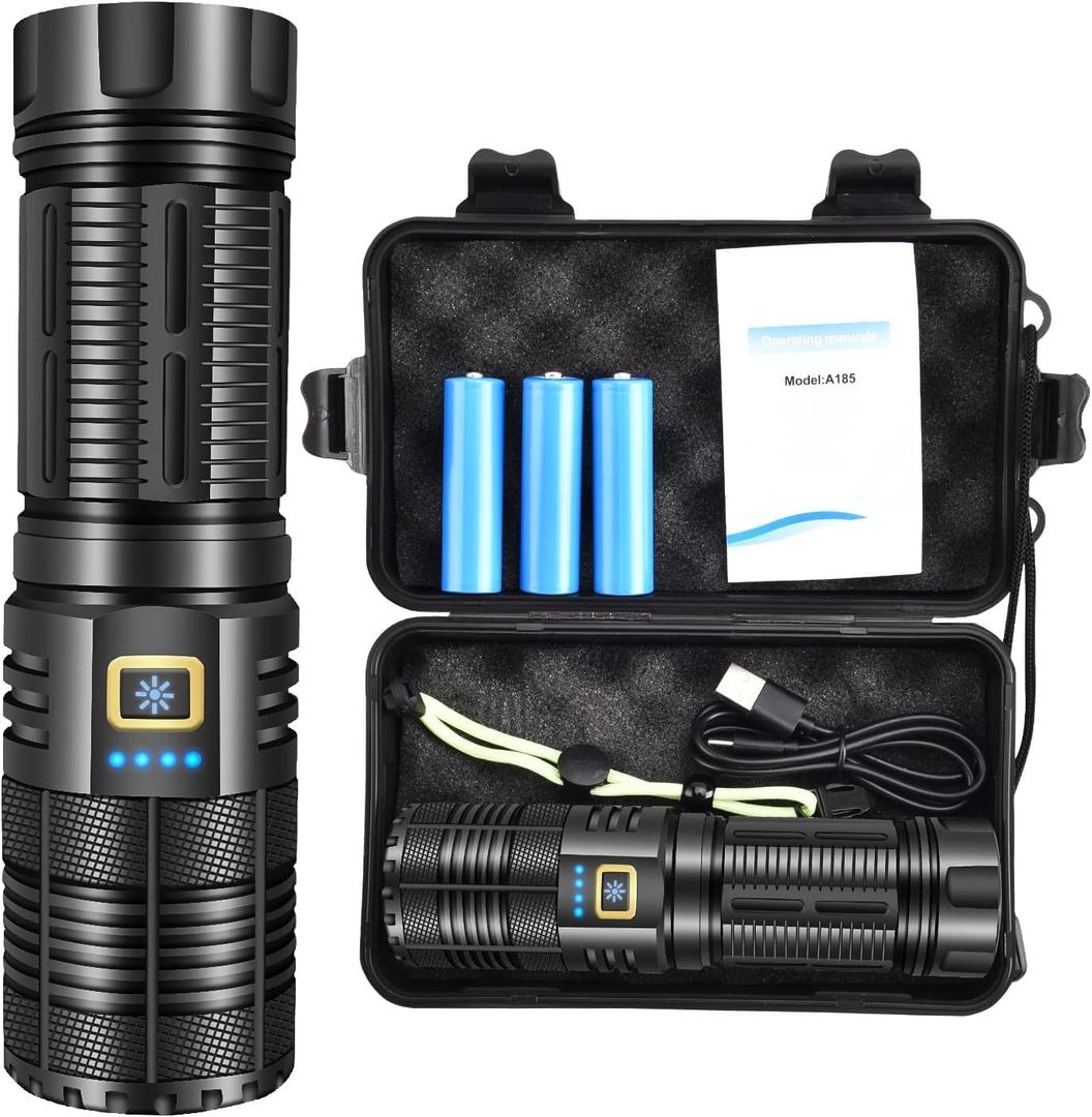 Rechargeable Flashlights 990,000 Lumens, Super Bright LED Flashlight High Lumens with 9000 mAh Capacity, World's Brightest Flashlight Shoots 10,000 Feet for Camping Hiking Emergency, Black