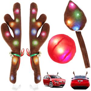 Christmas Reindeer Antlers for Cars with Light, KissDate Car Christmas Decorations with Rudolph Reindeer Red Nose Tail, Xmas Costume for Any Car Accessories Decorations (Multicolor)