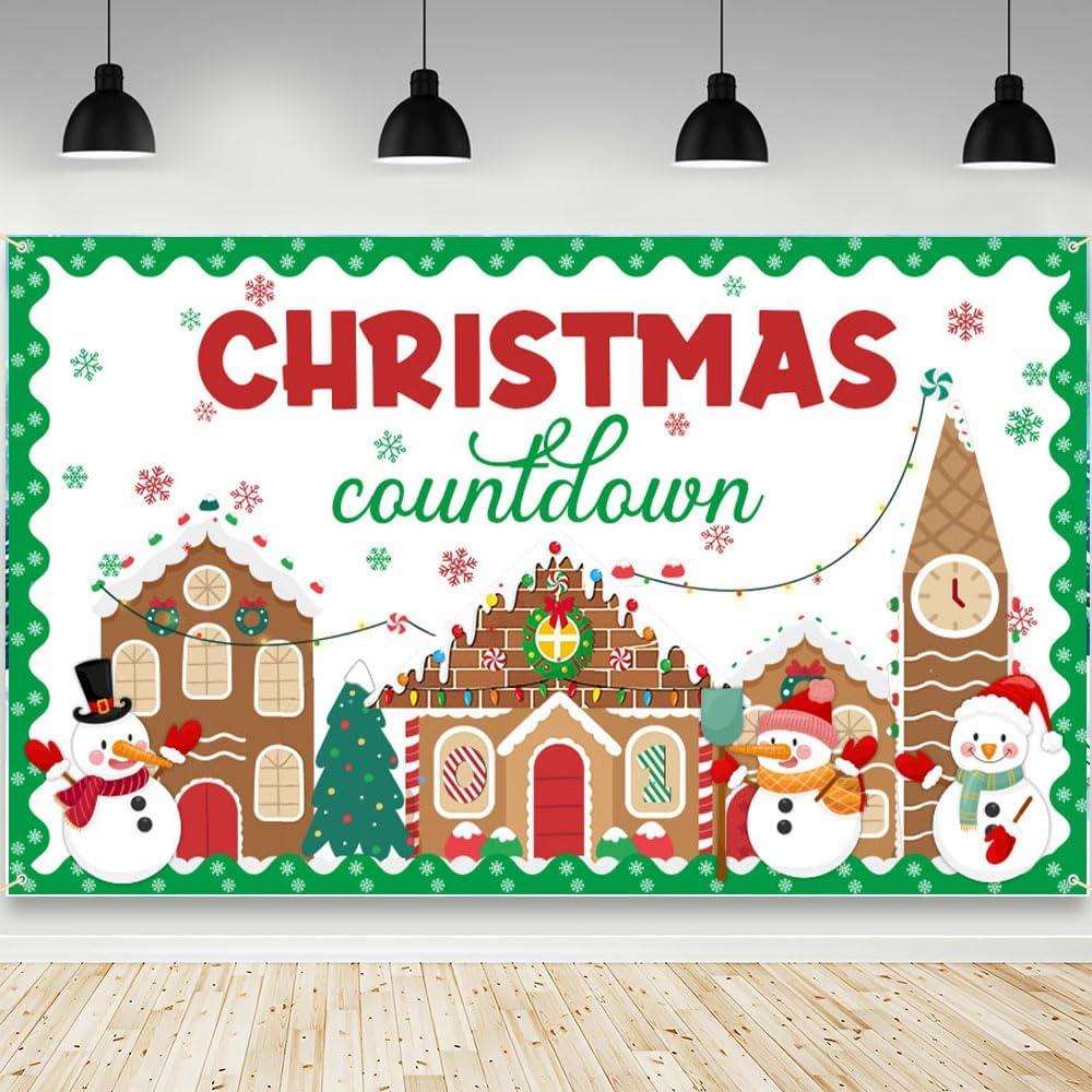 AIBIIN Christmas Backdrop Winter New Year Party Decorations Backdrop Merry Christmas Countdown Banner Snowman Gingerbread House Background Party Banner Photo Studio Props 70.8x43.3 inch