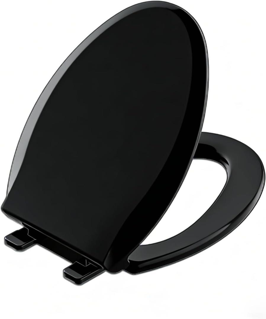 Black Toilet Seat Elongated, 18.5 x 14.2 Inch, Slow Close, Bottom-Mount Design, Fits 2-Piece Toilets, Durable & Easy to Install, PP Material Safe and Durable
