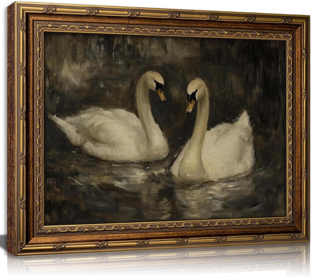 YUANNING Vintage Gold Frame Swan Couple Wall Art Elegant Swan Painting Canvas Modern Farmhouse Cottagecore Picture Wall Decor Dark Academia Lake Nature Aesthetic Print Artwork For Bedroom Living Room