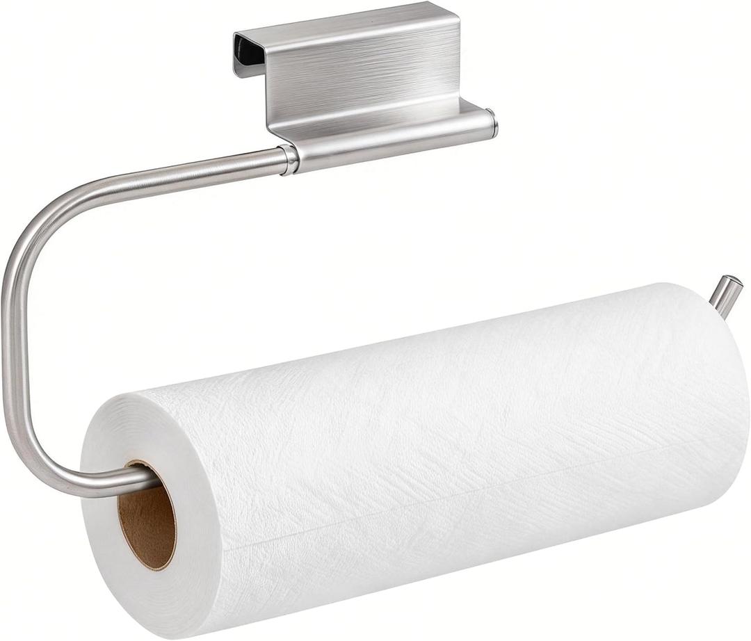 Over Cabinet Door Paper Towel Holder for Kitchen Cabinet Brushed Stainless Steel, Under Sink No Drilling Roll Dispenser for RV