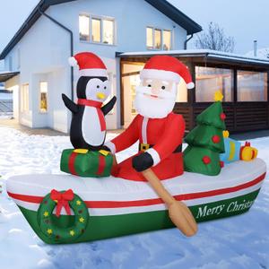 Double Couple 7FT Christmas Inflatable Santa Rowing Boat with Penguin/Christmas Tree/Gifts/Garlands Xmas Blow Up with Build-in LEDs Lights for Outside Indoor Party Garden Lawn