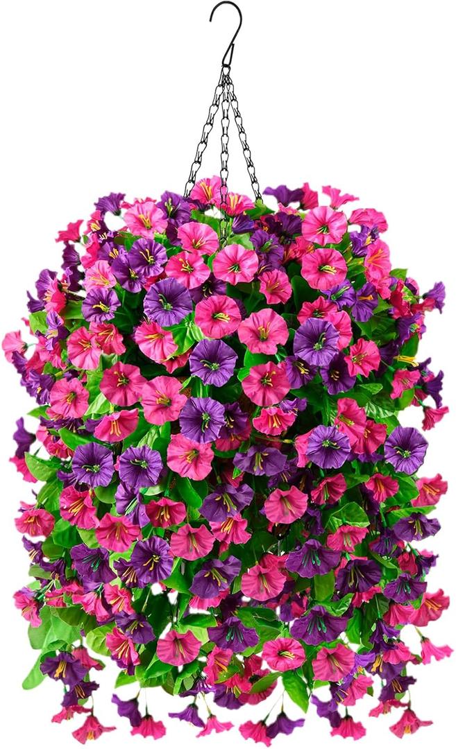 INQCMY Artificial Flowers for Outdoor Spring Summer Decoration Faux Silk Morning Glory Fake Hanging Flowers UV Resistant Look Real for Home Porch (3Pcs Fuchsia&Purple +1 Basket)