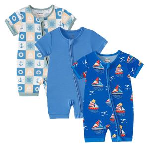 OPAWO Baby Boy Pajamas 3 Pack, 2 Way Zipper Sleepers Baby Boy Girl Romper, Toddler Summer Clothes Outfits 0-24M(Sailing/Yacht/Blue,18-24 Months)