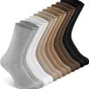 YSense Women's Cotton Crew Socks 6 Pairs, Long Cute Aesthetic Neutral Athletic Boot Socks for Women Stocking Stuffers Gifts (9-11, Black Brown Light Coffee Khaki White Light Grey)