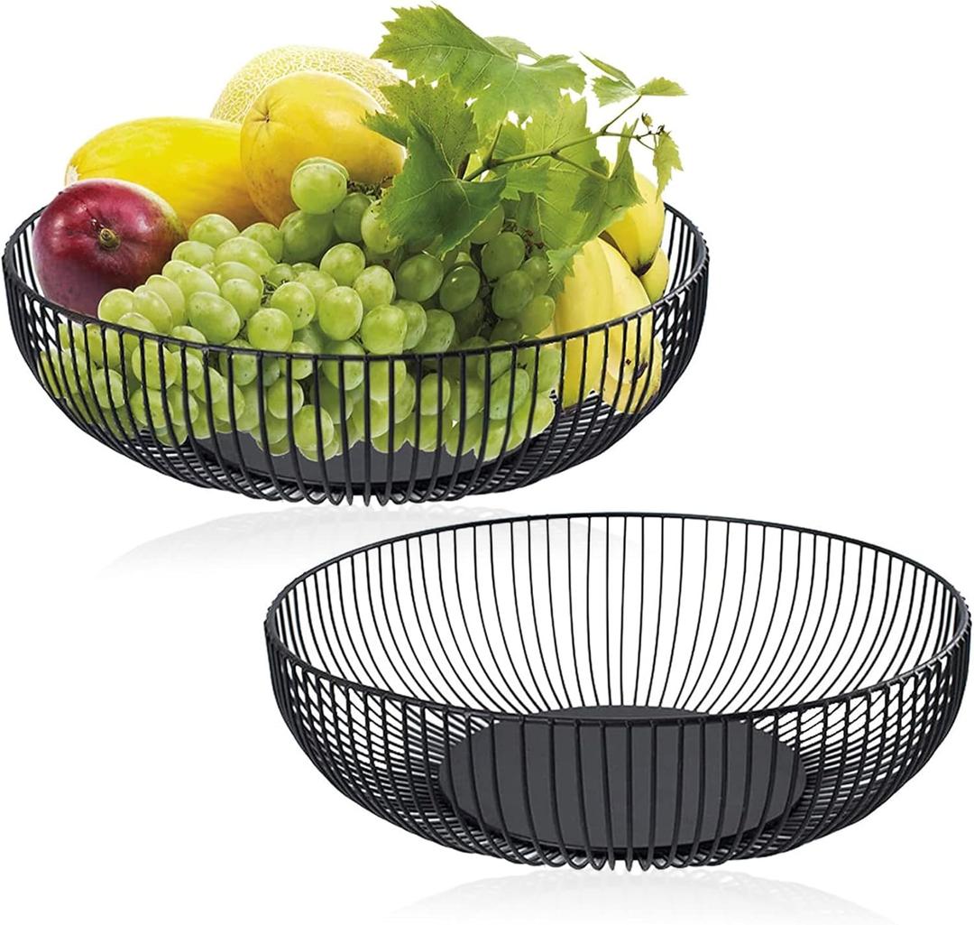 Yesland 2 Pack Metal Wire Fruit Basket- 11 Inches Black Kitchen Countertop Fruit Bowl Vegetable Holder for Bread, Snacks, Households Items Storage for Kitchen, Livingroom (Low)