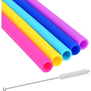 Reusable Silicone Drinking Straws - Set of 5 - BPA Free - Free Cleaning Brush Included - 10" Long Extra Wide Fat Straws - Great Gift for Smoothies & Bubble Tea Lovers