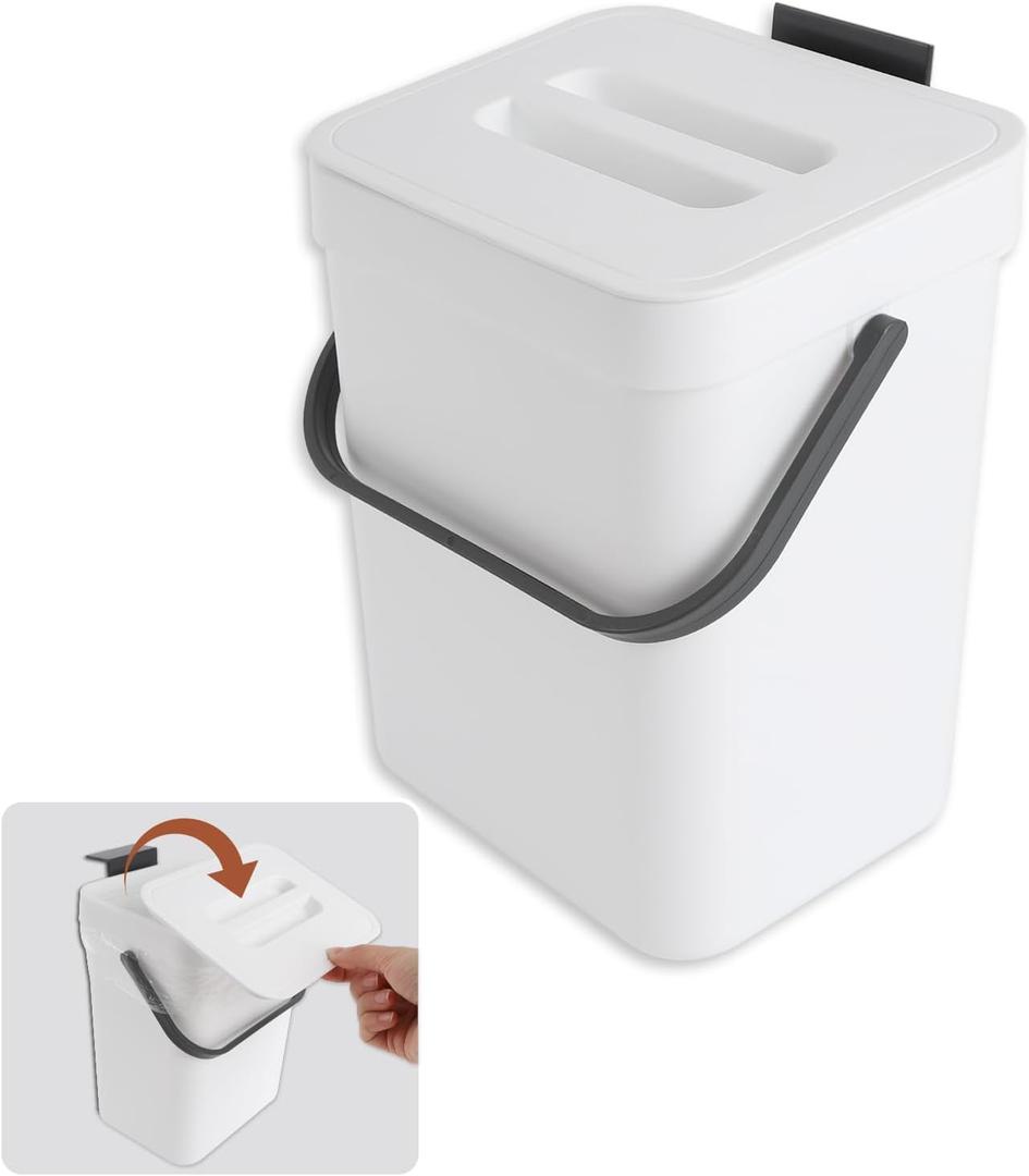 0.8 Gallol/3L Kitchen Compost Bin, Suitable for Countertops or Under Sink, Hanging Hook Trash Can with Lid, Ideal for Cabinets/Bathrooms/Bedrooms/Offices/Camping (White)