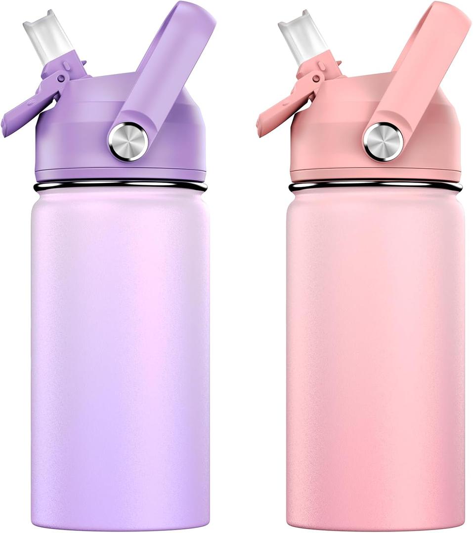 ACESAK 14oz Kids Insulated Water Bottle with Straw Lid - 18/8 Stainless Steel Kid Cup Travel Tumbler Double Wall Vacuum Leak Proof Portable Toddler Water Bottle (Pink+Purple