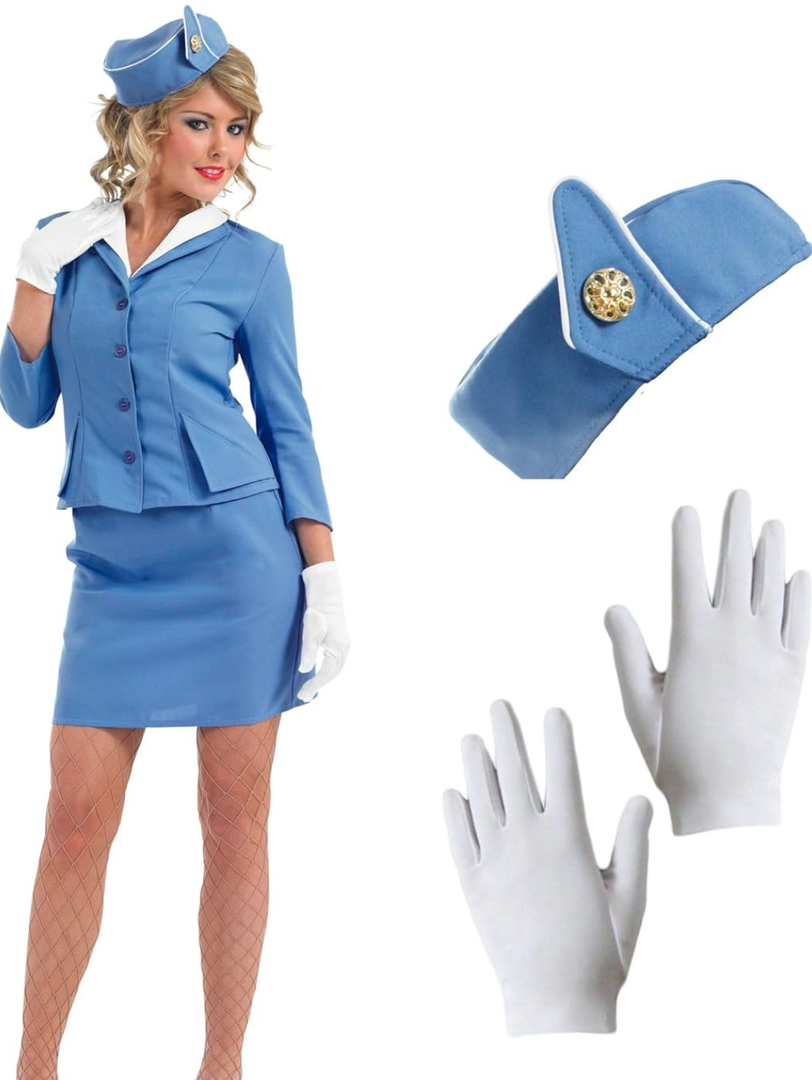 fun shack Flight Attendant Costume Women Blue, Retro Airline Stewardess Outfit for Women, Vintage Stewardess Attire S