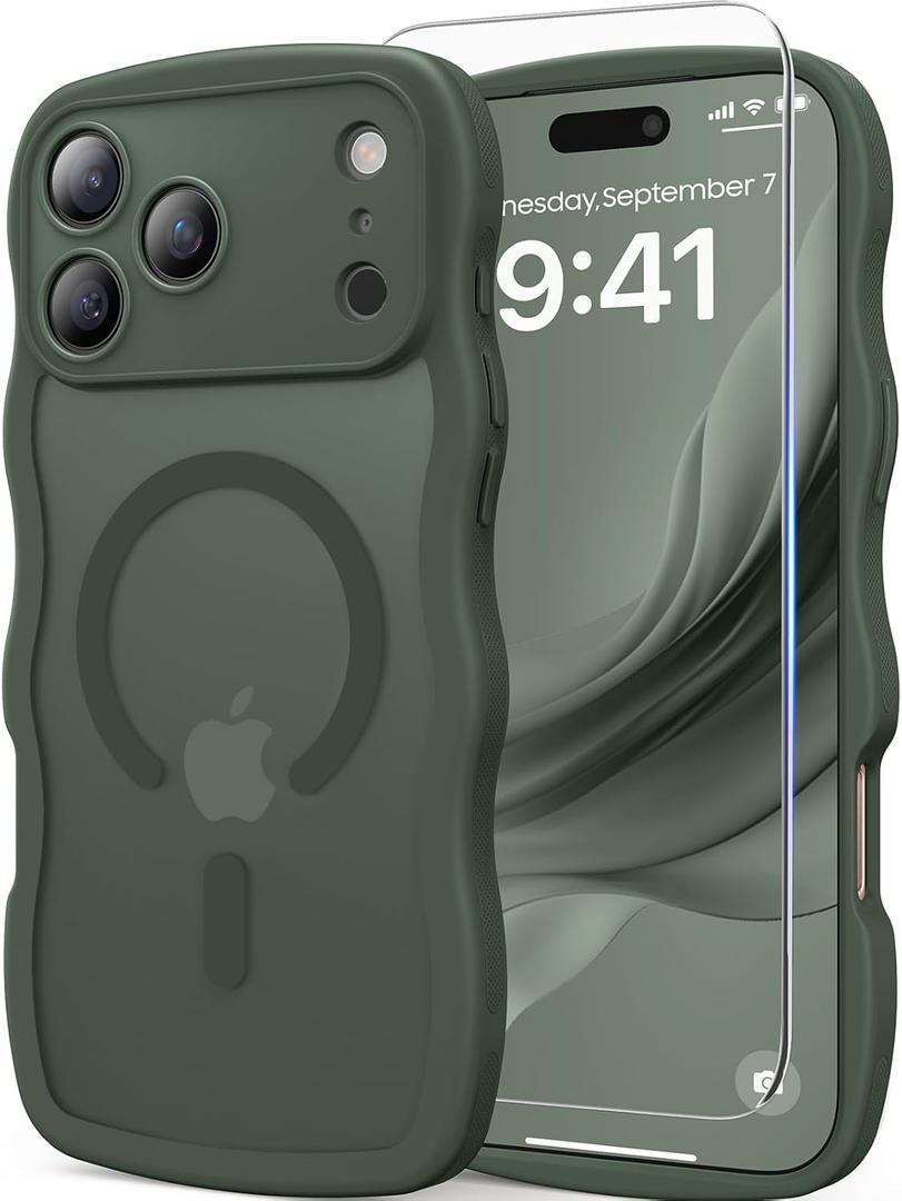 DOMAVER for iPhone 17 Pro Max Case for Women, 1X Screen Protector+1X Wrist Strap, [Compatible with MagSafe] [Full Camera Protection] Cute Wave Matte Phone Case for iPhone 17 Pro Max, Deep Green