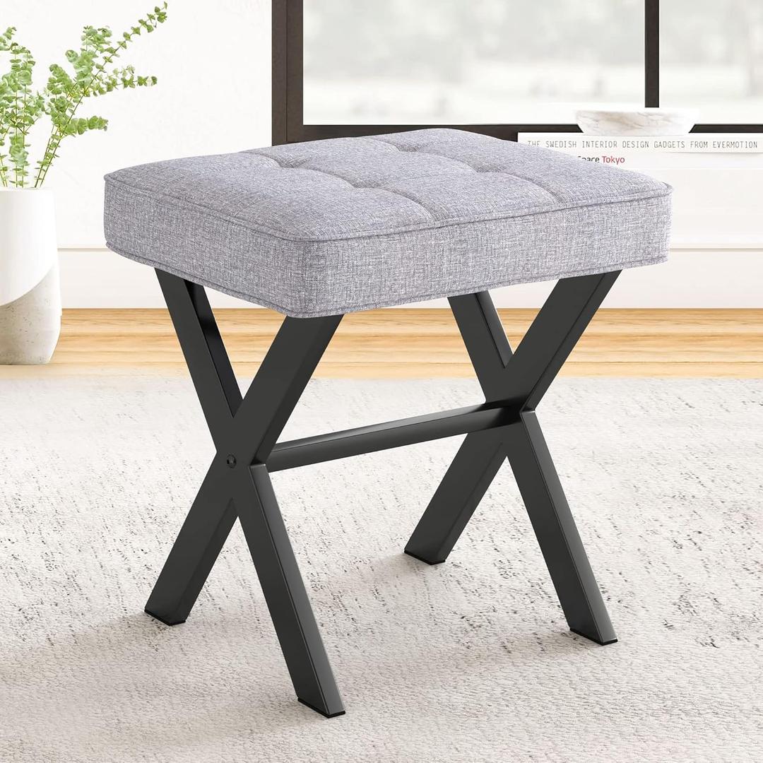 LUE BONA Vanity Stool  Square Linen Makeup Seat With Metal X Legs, Small Ottoman Chair for Makeup Room, Living Room, Bathroom  Modern Padded Foot Rest, Dark Gray