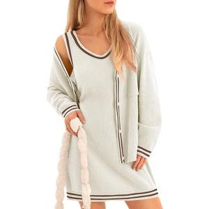 Fisoew Womens 2 Piece Outfits Casual Button Down Cardigan Sleeveless Loose Mini Dress Knit Sweater Sets (Medium, Beige)