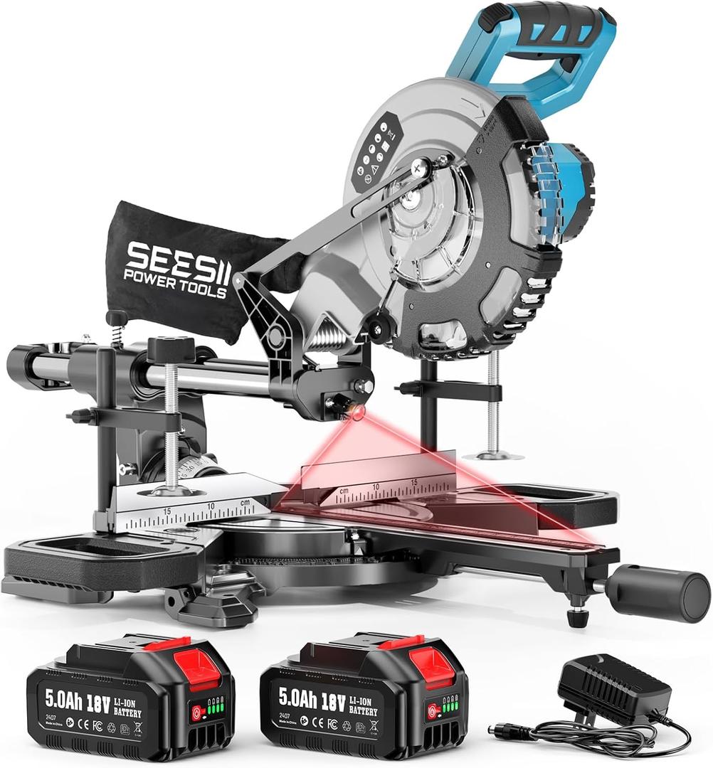 SEESII Sliding Compound Miter Saw: Cordless Power Miter Saw with Laser Guide 8-Inch, 2 * 5000 mAh Batteries, Single Bevel 45, 24T TCT Blade, Max Cut 2.512-inch, Ideal for DIY & Woodworking