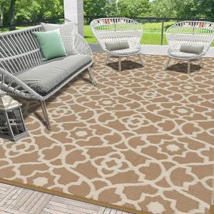 HEBE Outdoor Rug Waterproof 9x12, Plastic Straw Rug Camping Rug, Reversible Outdoor Patio Rugs RV Mat Clearance, Indoor Outside Floor Carpet for Porch,Deck,Camper,Balcony,Backyard (Beige)