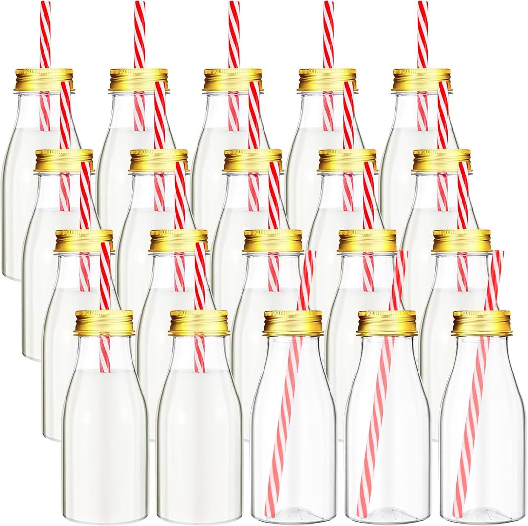 Yinkin 20 Set 8 oz Plastic Milk Bottles with Straws Metal Lids Clear Plastic Containers for Dairy Milk Party Bottle for Juices Shakes Smoothies(Gold Lid)