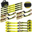 KJE Heavy Duty Car Trailer Tie Down Straps with Reflective - (4) 2" x 10' Ratchet Straps + J-Hooks with Clip, (4) Axle Straps 2" x 36'' - 10,000lbs Break Strength - Use for Car, Truck, UTV Transport