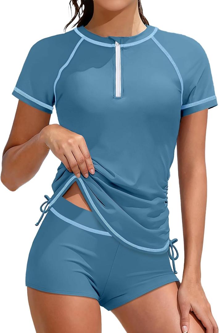 Girls Swimsuit Rash Guard Bathing Suit for Girls 2 Piece Short Sleeve Solid Color UPF 50+ Padded Zip Swimwear (11-12 Years, Blue)