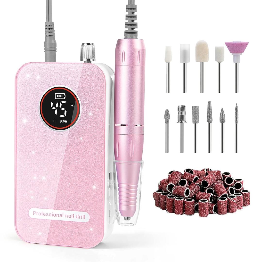 Professional Nail Drill Electric File 45000RPM, Portable Rechargeable Electric Nail File with 11 Drill Bits & 50 Sanding Bands, Low Noise Nail Drill Kit for Acrylic Gel Nails, Salon & Home Use, Pink