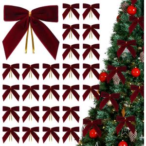 24PCS Velvet Bows with Twist Tie 3.5 Inch Burgundy Vintage Christmas Velvet Ribbon Bows for Christmas Tree Gift Wrapping Wedding Brithday Party Home Decor (3.5" Burgundy)