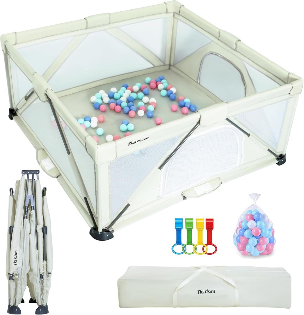 Tksd&m Baby Playpen Foldable, Large Play Yard, Playpen for Babies and Toddlers, Play Pens for Babies and Toddlers with Gate, Indoor & Outdoor Portable Play Pen, (47*63Inch, Beige)