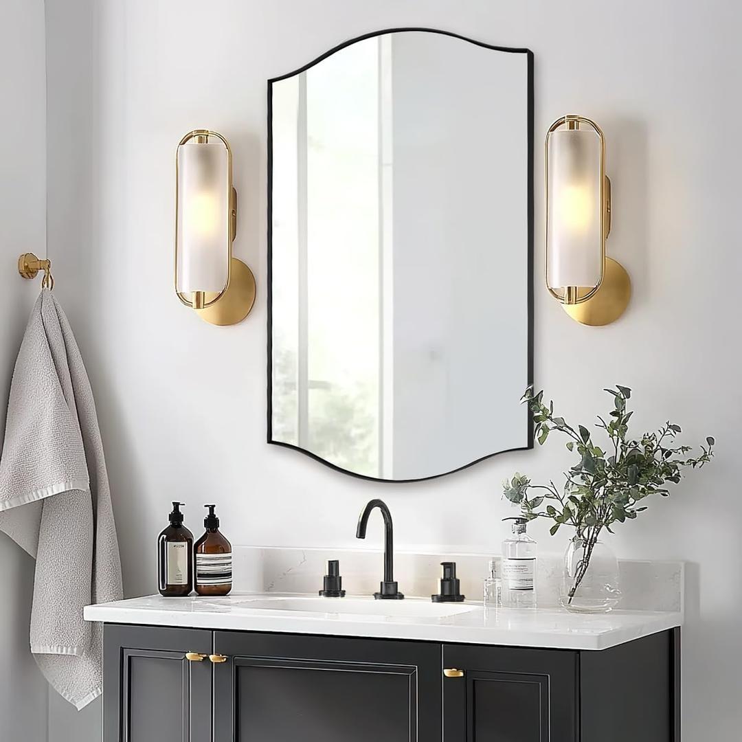 ANDY STAR 24"x36" Black Bathroom Mirror, Rectangle Scalloped Wall Mirror in Stainless Steel Metal Frame, Modern Matte Black Finish with Curved Edge Design, Wall-Mount Vertically or Horizontally