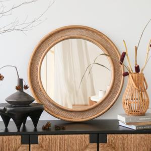 Micasso Round Rattan Wall Mirror, 30" Purely Handmade Rustic Wood Farmhouse Boho Style Wall Mirror for Wall Dcor, Living Room, Bathroom and Entryway (30"L x 30"W)