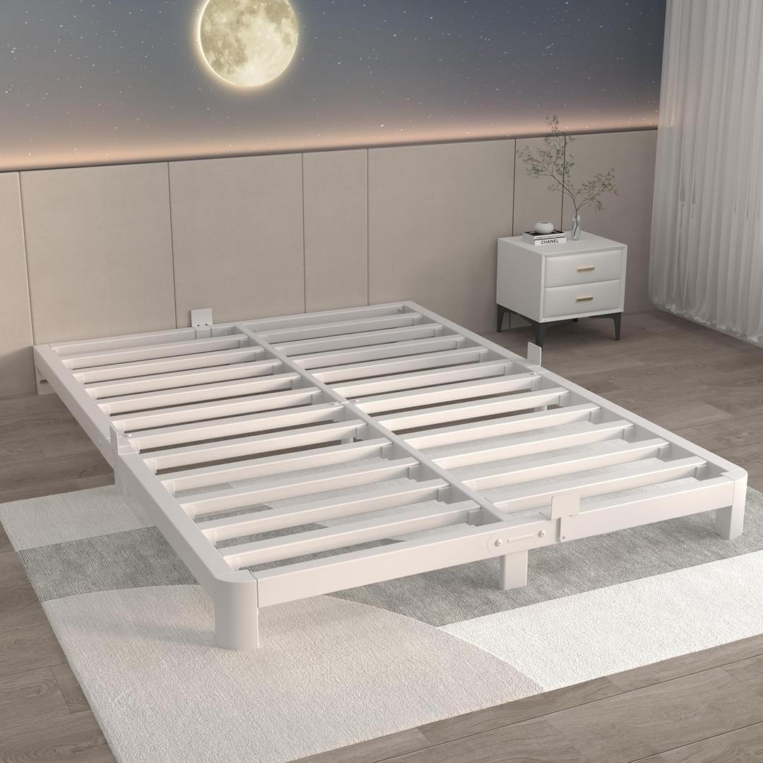 ITIMIDI 4 Inch White Queen Bed Frame, Metal Platform Bed Frames with Metal Gaskets, Heavy Duty Steel Support 3000 LBS, No Box Spring Needed, Anti-Slip Mattress Stopper, Easy Assembly